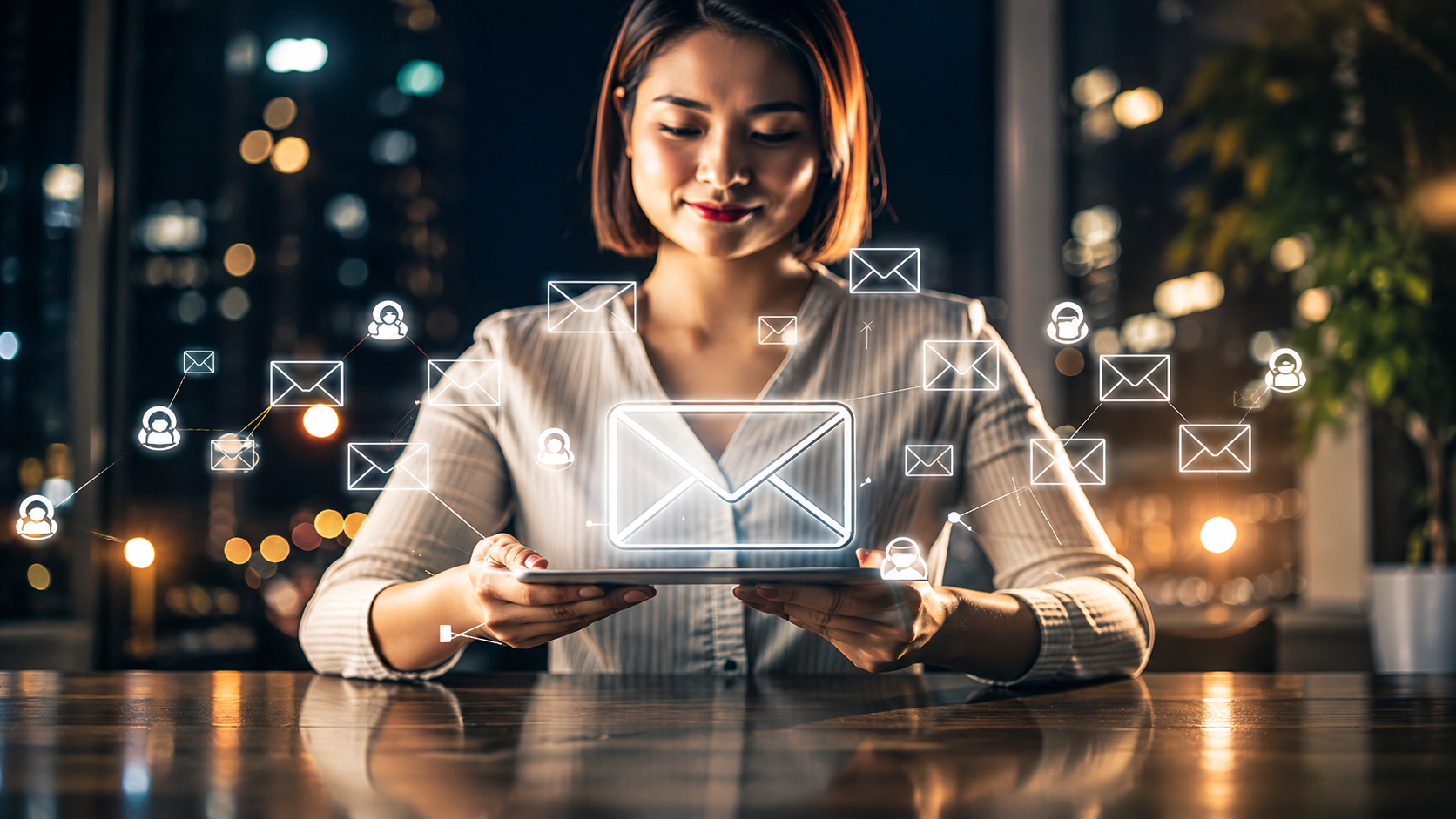 a lady sitting at a desk at night whith lots of email icons around the tablet she is holding to show that she iis busy communicating with people